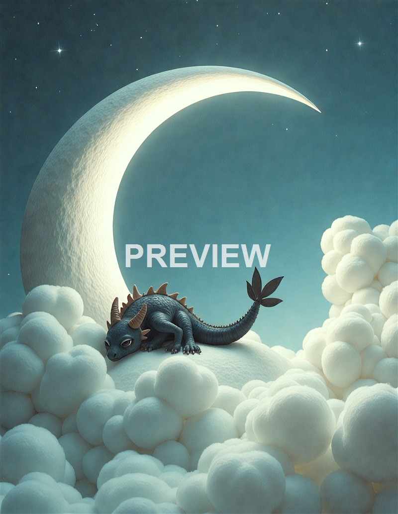 A small, blue, dinosaur-like creature with horns and a spiked tail lies on fluffy white clouds beneath a glowing crescent moon, with stars scattered in the sky.